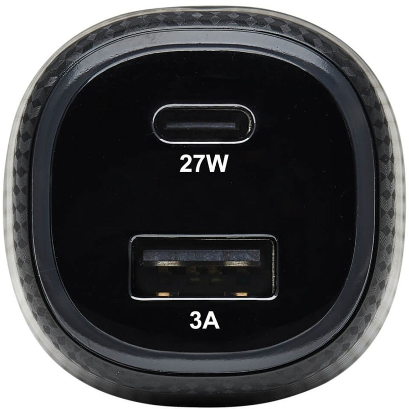 Direct front view of car charger ports showing 27W USB-C and 3A USB-A power specifications