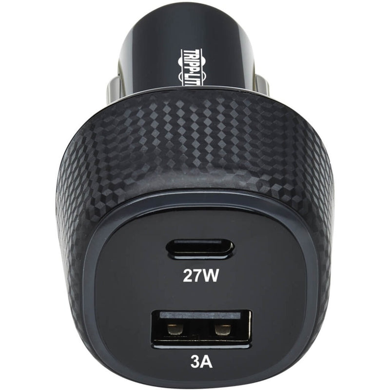 Top view of car charger showing dual charging ports and power specifications