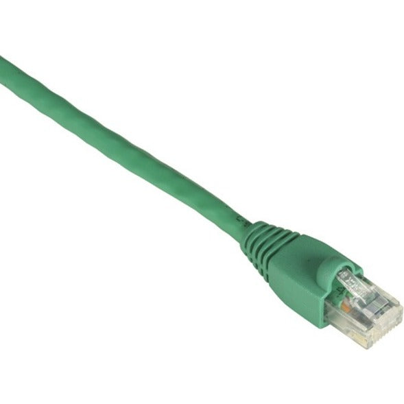 Green Cat6 ethernet cable with snagless boot and RJ-45 connector showing gold-plated contacts