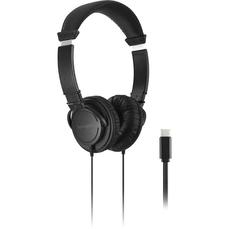 Kensington USB-C headphones with adjustable headband and USB-C connector, showing front view of black headphones