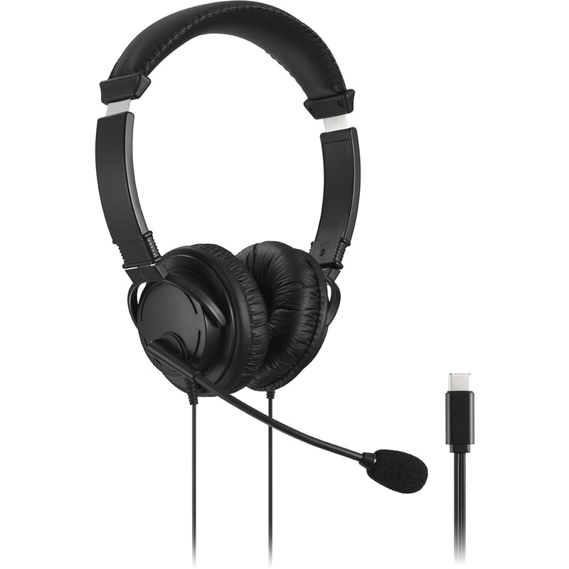 Side view of Kensington USB-C headset showing over-ear design with boom microphone and USB-C connector