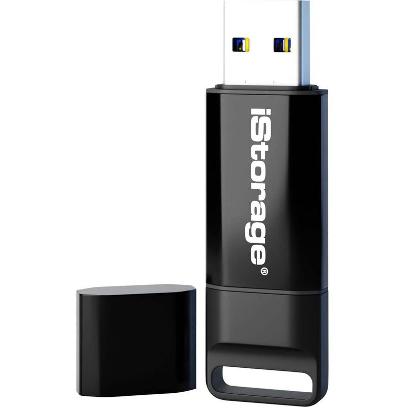 Front view of black iStorage datAshur BT encrypted USB drive with protective cap