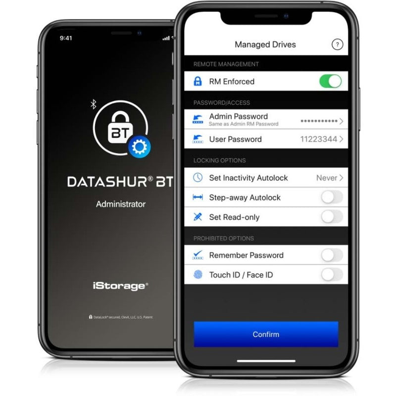 Smartphone displaying datAshur BT management app interface with security settings