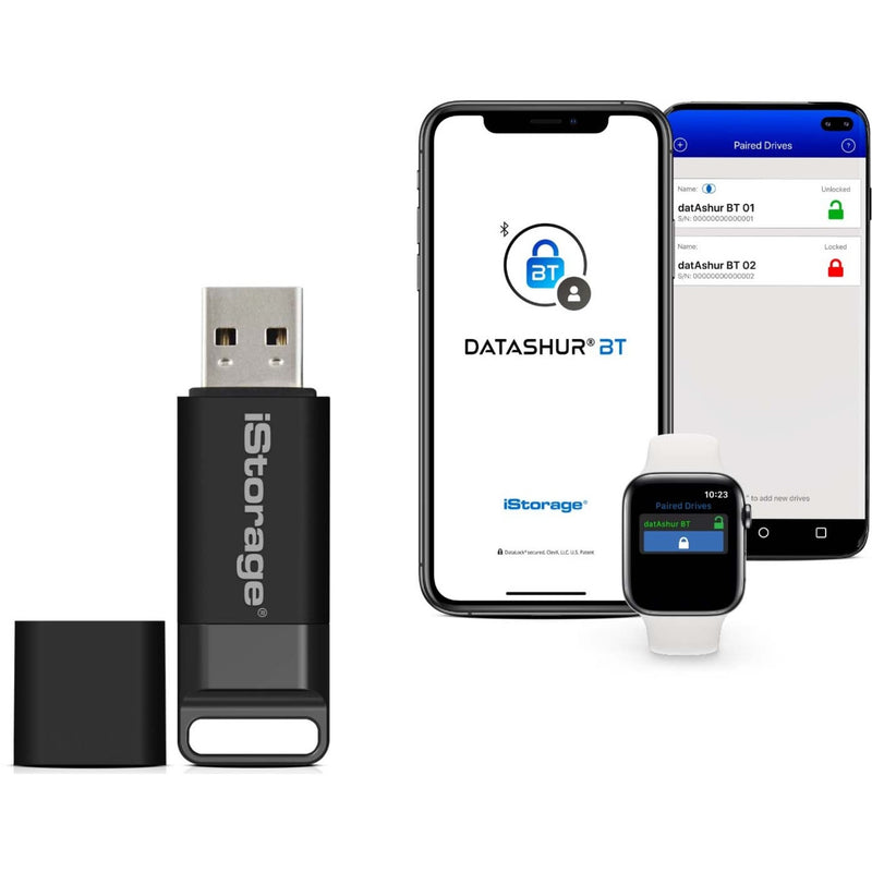 datAshur BT drive with smartphone and smartwatch management interface