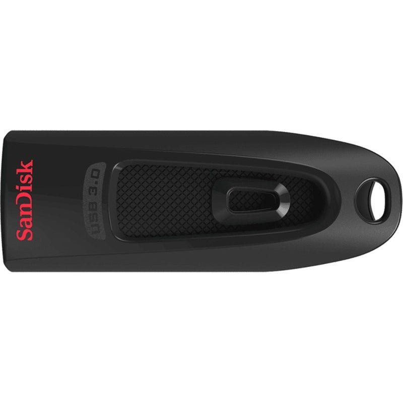 Angled perspective of SanDisk Ultra USB drive showing ergonomic design and texture pattern