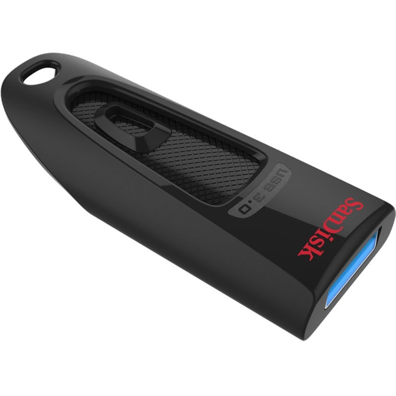 Angled view of SanDisk Ultra USB drive highlighting the textured surface pattern and sleek design