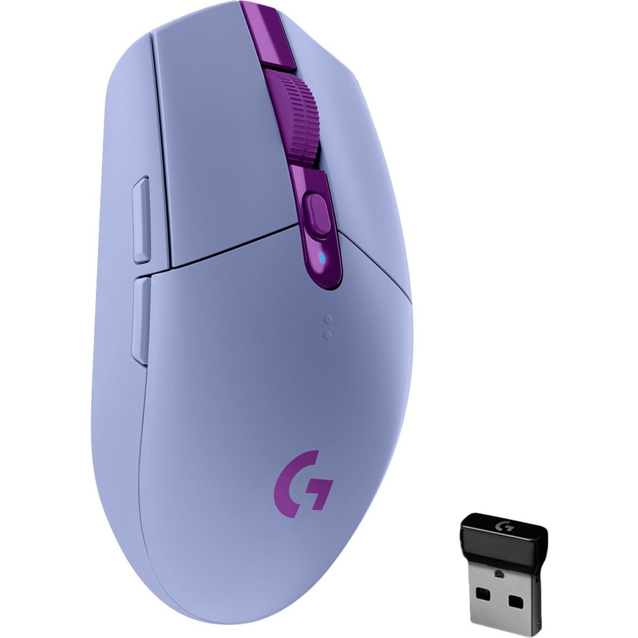 Logitech G305 LIGHTSPEED wireless gaming mouse in lilac color with purple accents and USB receiver-alternate-image1