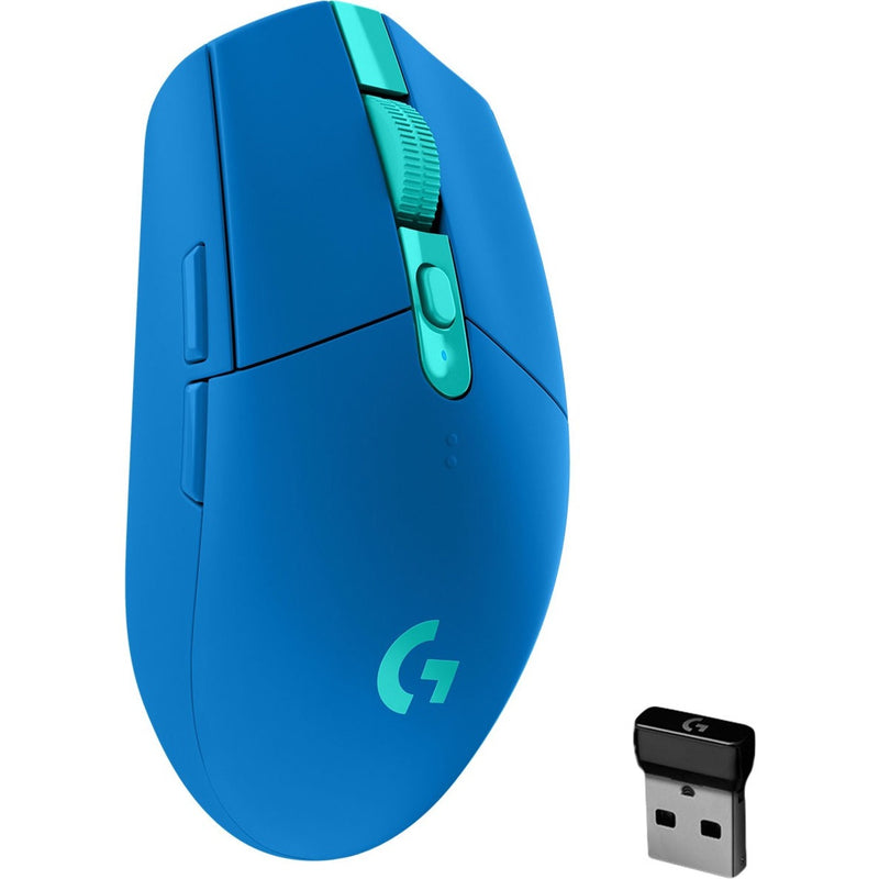 Logitech G305 LIGHTSPEED wireless gaming mouse in blue with mint accents, shown from side angle with USB receiver