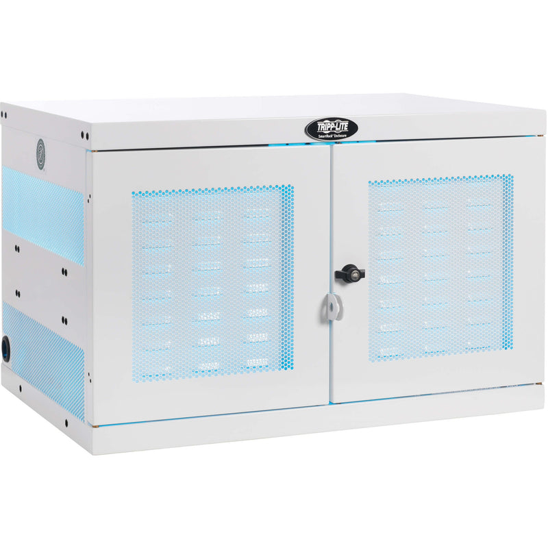 Front view of white hospital-grade UV charging cabinet with dual doors