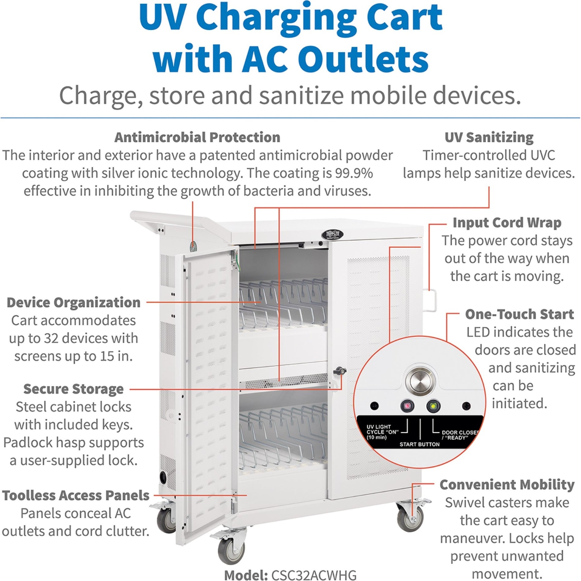 Tripp Lite CSC32ACWHG Hospital-Grade 32-Device UV Charging Cart Weiß Non-marring Wheel Antibakteriell Diebstahlschutz Kabelmanagement