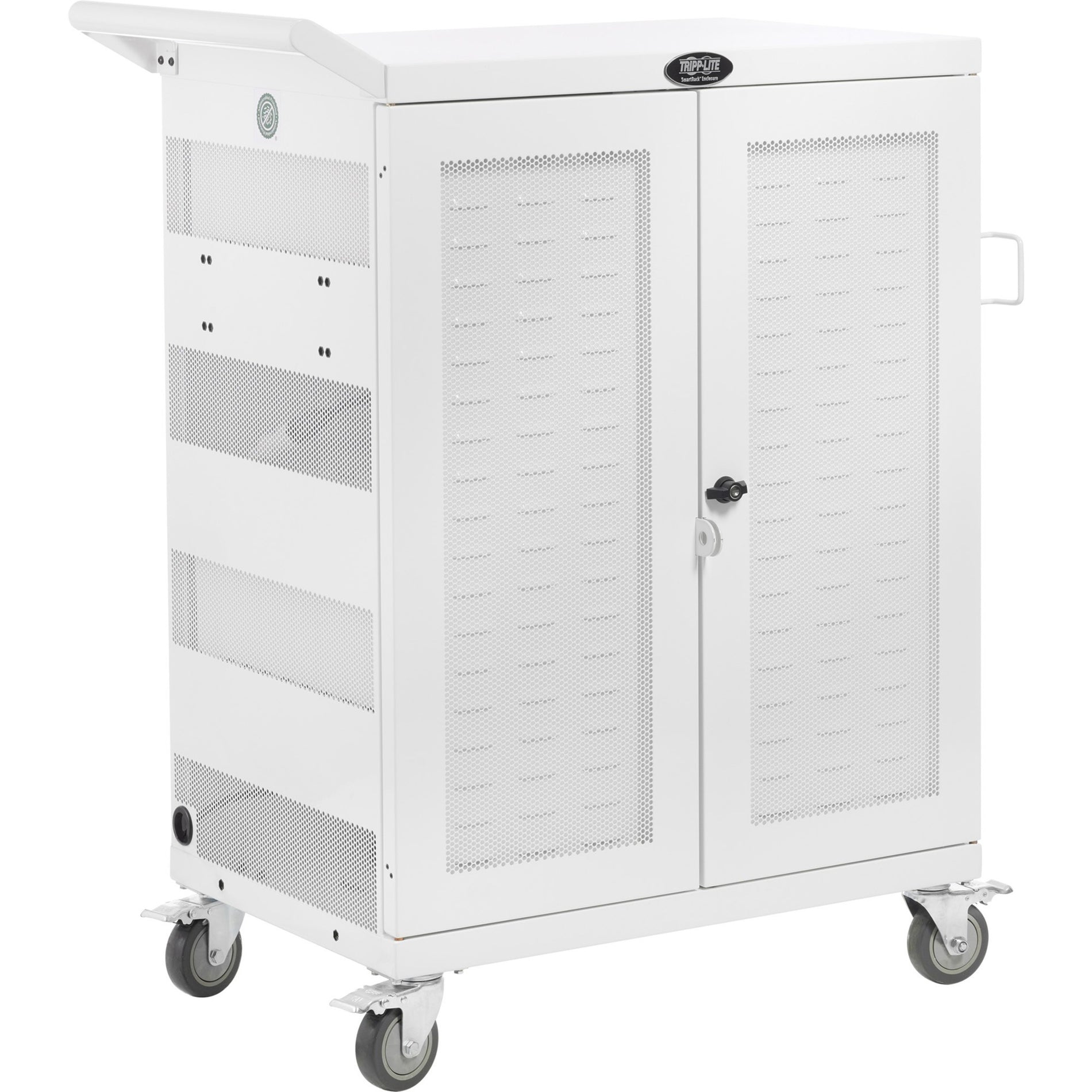 Side view of white Tripp Lite UV charging cart showing mesh ventilation panels and locking doors-alternate-image1