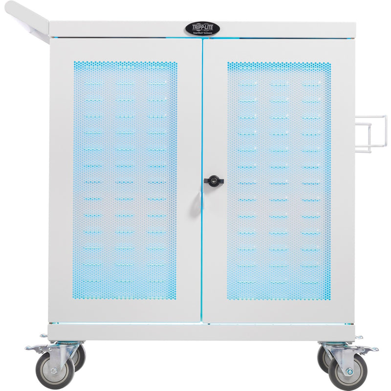 Side view of charging cart showing ventilation system and secure door design