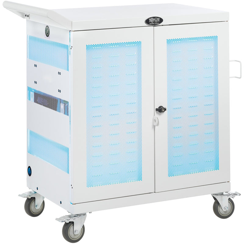 Front view of white hospital-grade charging cart with mesh ventilation panels and locking doors