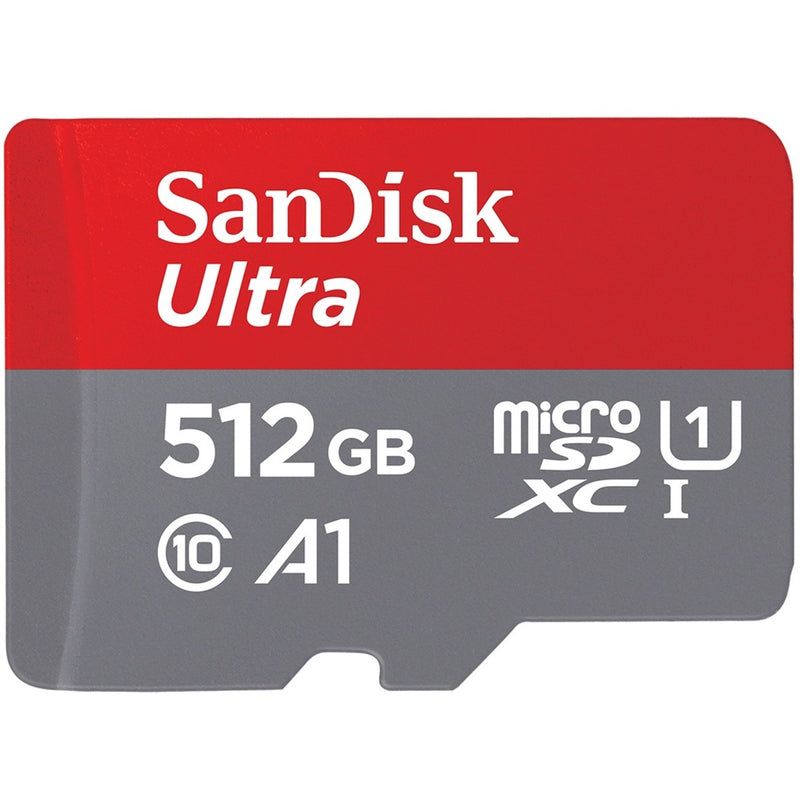 SanDisk Ultra microSDXC memory card showing 512GB capacity with A1 performance rating and UHS-I interface