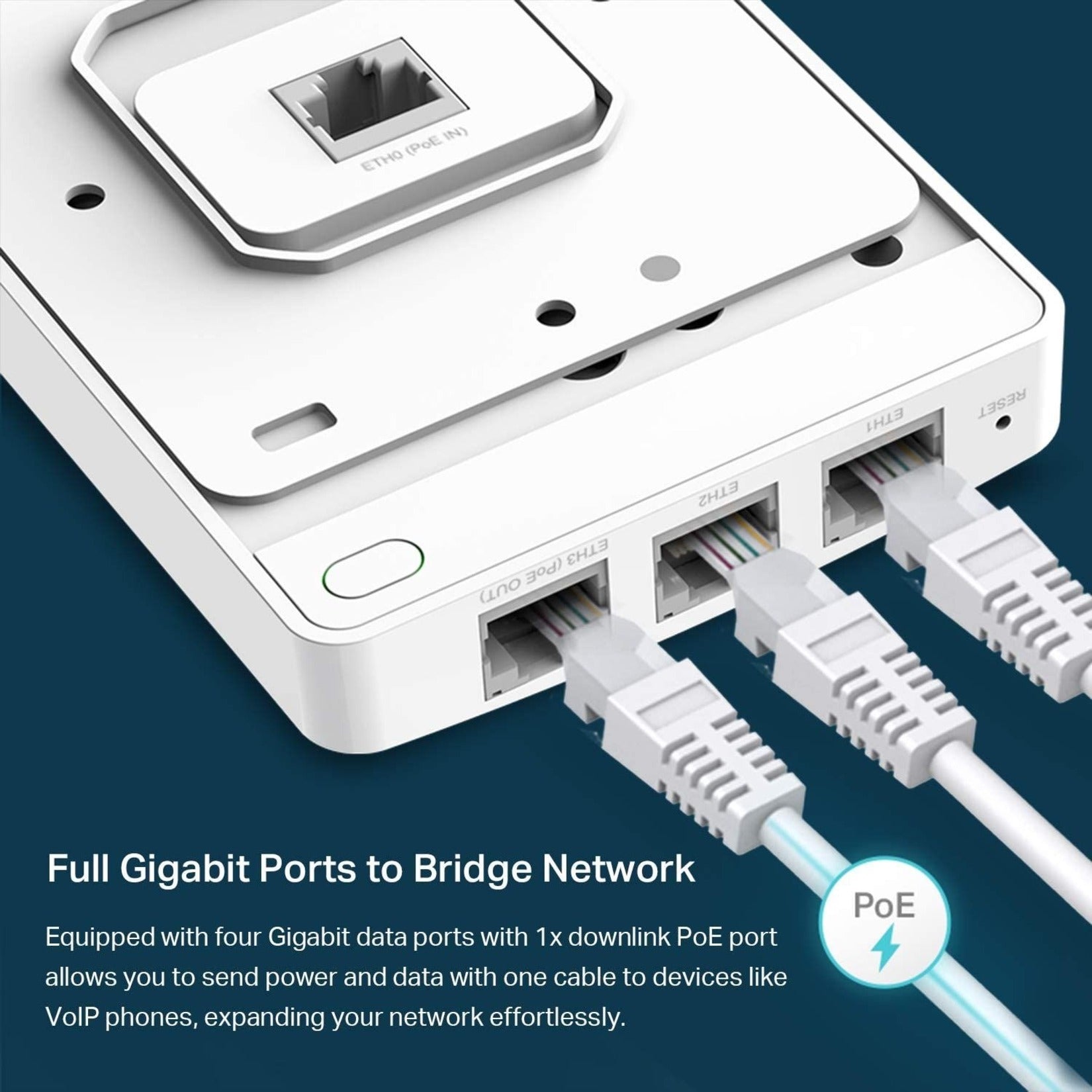 TP-Link EAP235-WALL Omada AC1200 Wireless MU-MIMO Gigabit Wall Plate Access Point, 867Mbps (5GHz) + 300Mbps (2.4GHz), 4 Gigabit Ports, 2 Internal Antennas (4dBi), PoE Passthrough, Band Steering, Load Balance, Beamforming