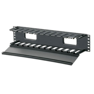 Panduit WMPF1E horizontal cable manager showing black plastic construction with cable management fingers and dual hinged cover-alternate-image1