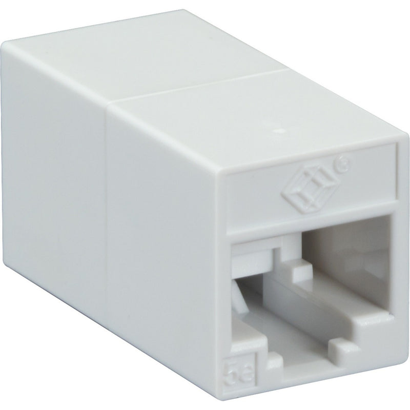 Close-up view of white CAT5e coupler showing RJ-45 port detail