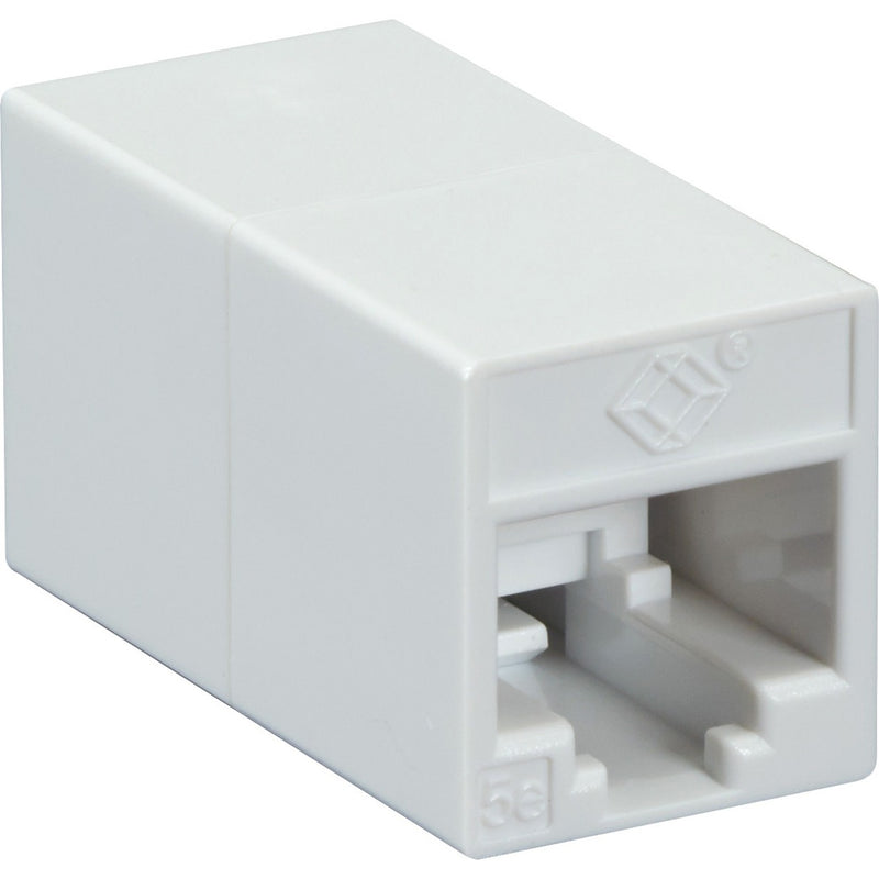 White CAT5e network coupler showing RJ-45 female port from side angle