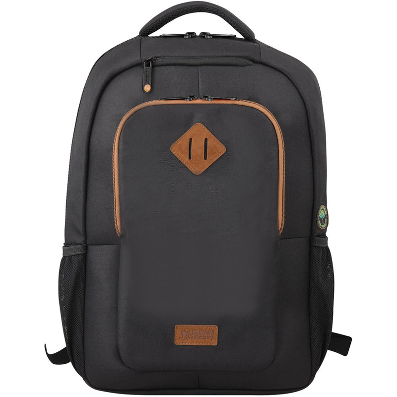 Front view of black Urban Factory CYCLEE Eco Laptop Backpack with brown leather accents and geometric badge detail