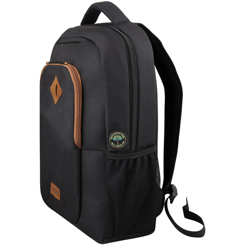 Side angle view of CYCLEE Eco Laptop Backpack showing mesh pocket and sustainable badge