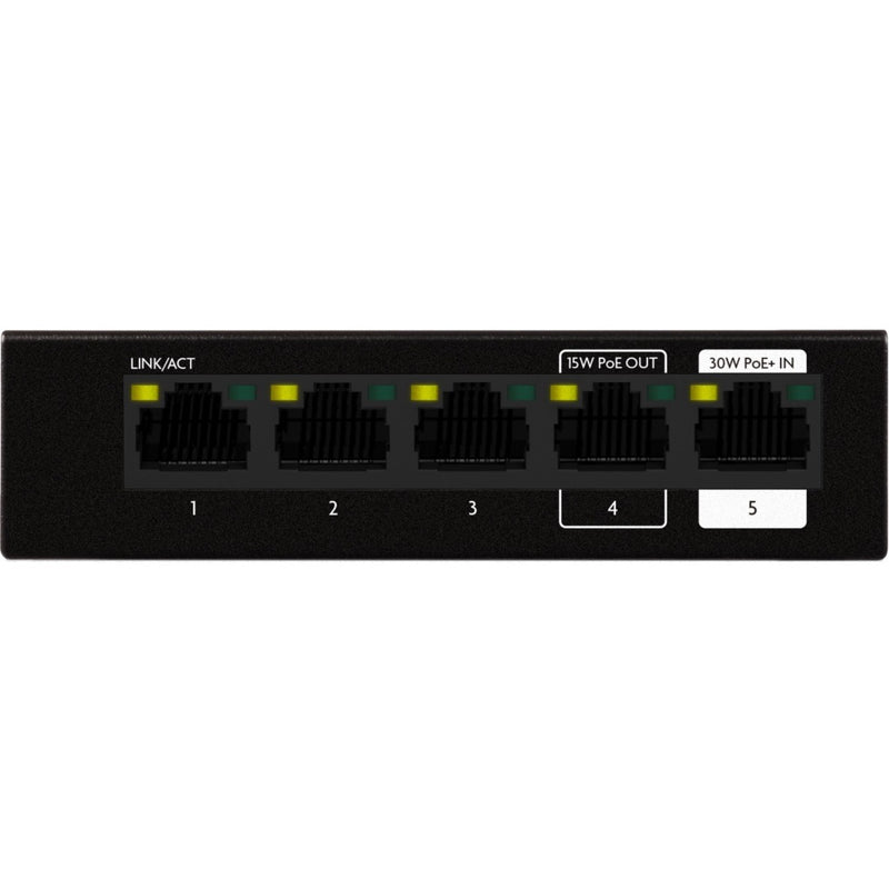 Rear view of Luxul SW-100-05PD showing five gigabit ethernet ports with PoE capabilities