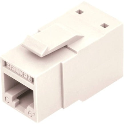 Close-up view of Belden REVConnect CAT6+ UTP Modular Jack in white showing RJ-45 port and connector housing