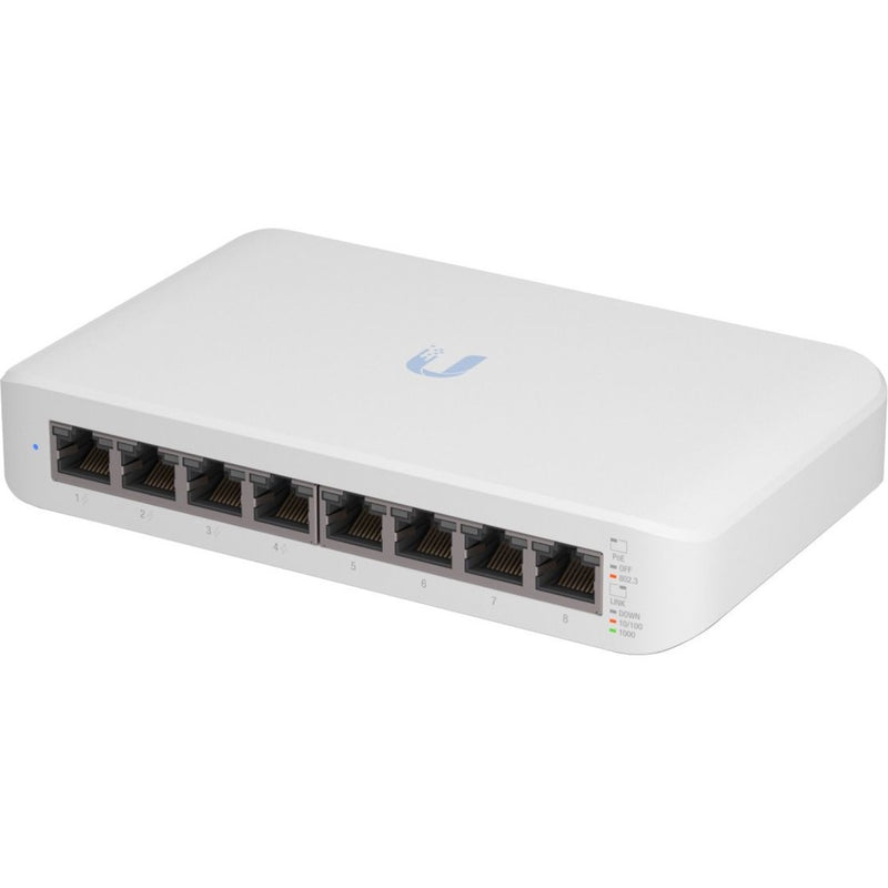 Front view of Ubiquiti UniFi Switch Lite 8 PoE showing eight Gigabit Ethernet ports and status indicators