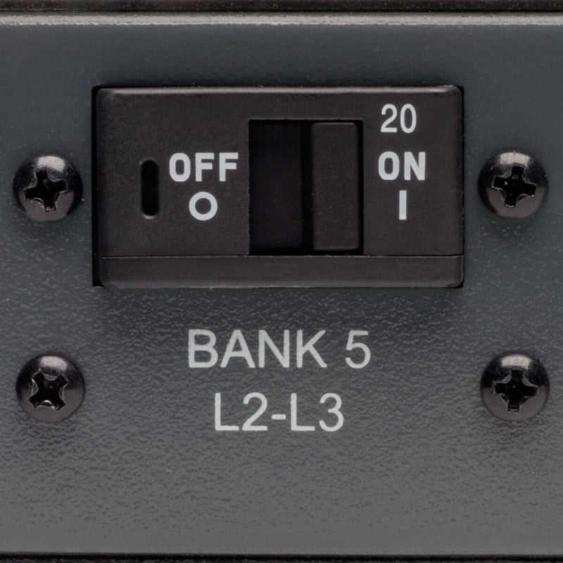 Close-up of PDU circuit breaker control panel showing ON/OFF switch