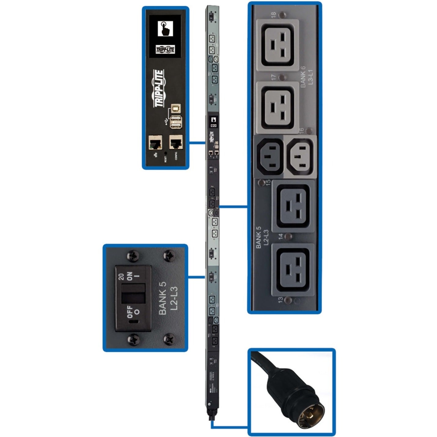 Detailed view of PDU interface showing network management card, outlet banks, and power connections with Hubbell CS8365C connector-alternate-image1