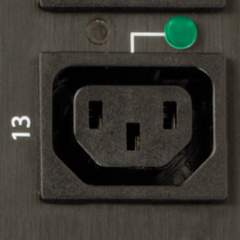 Close-up view of individual C13 outlet with LED status indicator