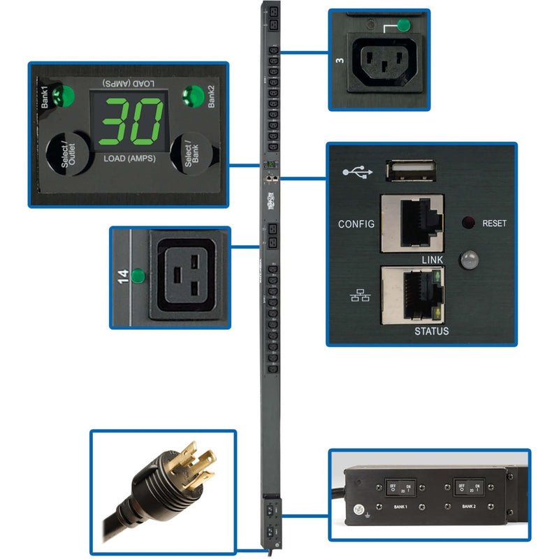 Digital load meter display and interface of Tripp Lite PDU showing amperage monitoring and control buttons