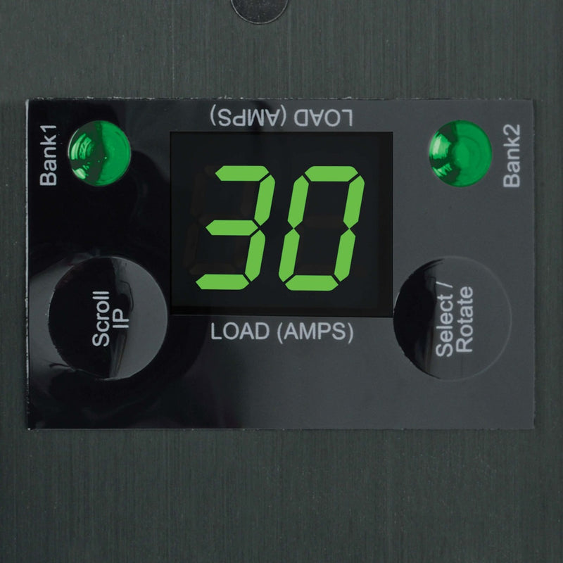 Close-up of PDU digital display showing load monitoring interface and controls