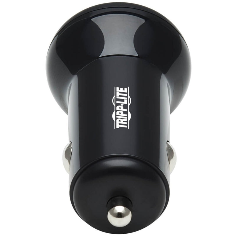 Rear view of Tripp Lite car charger showing vehicle connector and sleek design