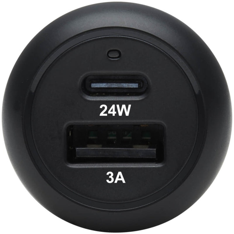 Close-up view of Tripp Lite car charger ports showing 24W USB-C and 3A USB-A specifications