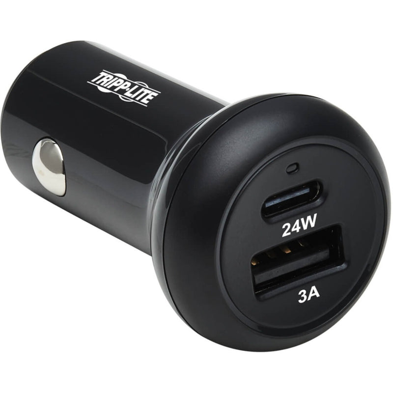 Front view of Tripp Lite dual-port USB car charger showing USB-C and USB-A ports with 24W and 3A power ratings