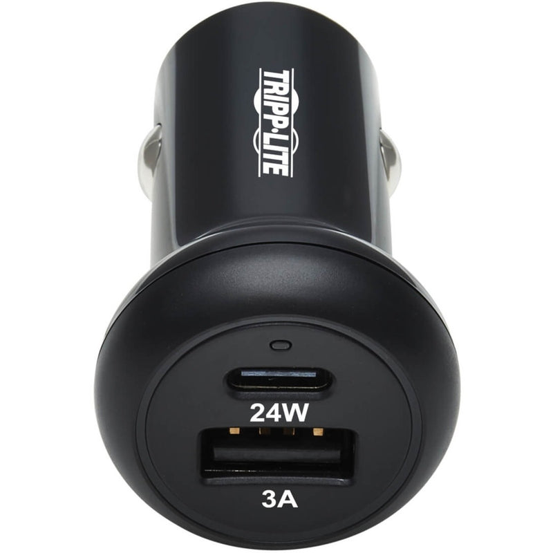 Top view of Tripp Lite dual USB car charger showing power specifications and branding