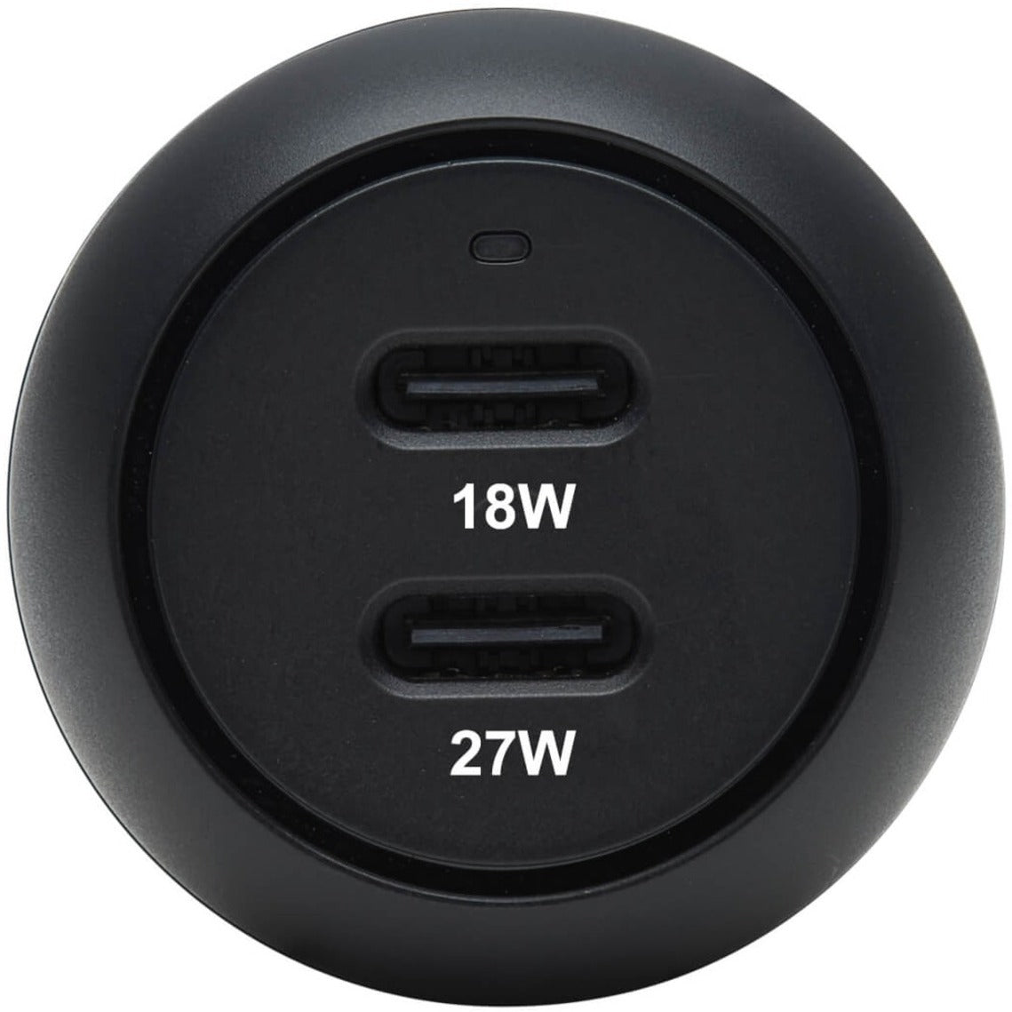 Top view of Tripp Lite car charger showing clearly labeled 18W and 27W USB-C ports-alternate-image2