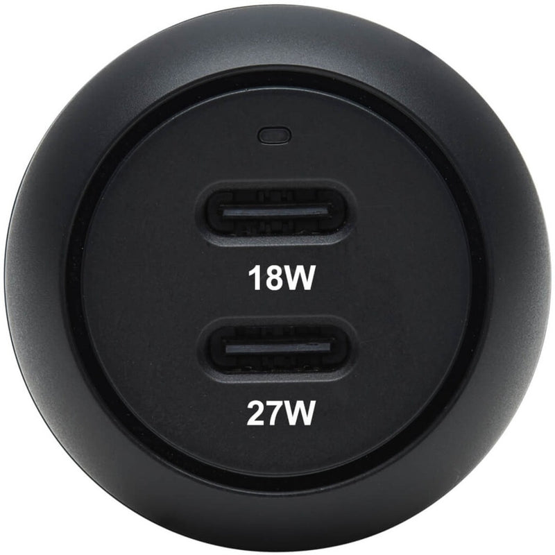 Top view of Tripp Lite car charger showing clearly labeled 18W and 27W USB-C ports