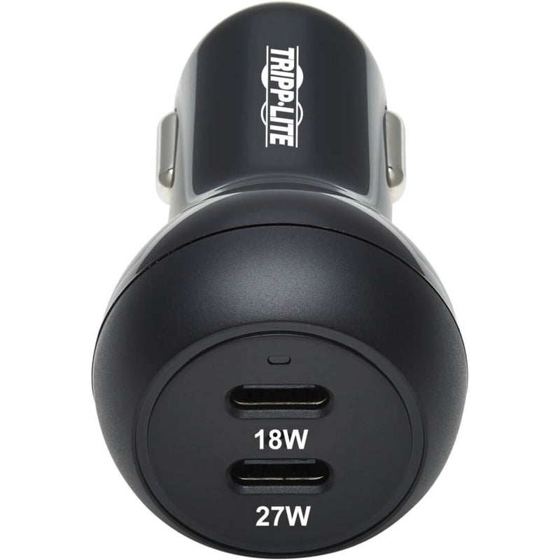 Front view of Tripp Lite car charger highlighting vertical USB-C port arrangement