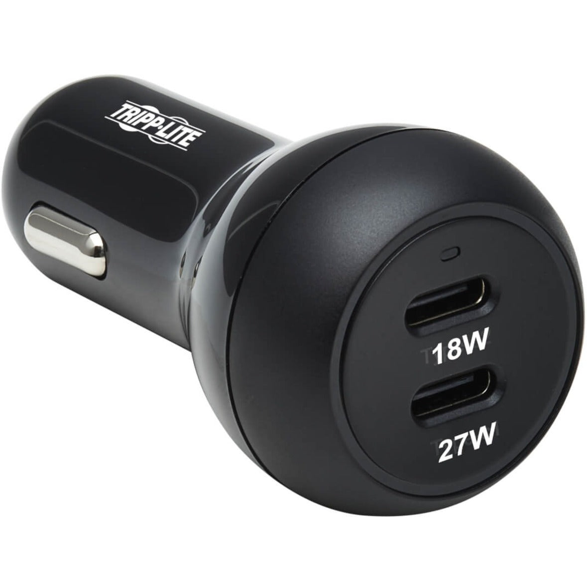 Close-up view of Tripp Lite dual USB-C car charger showing 18W and 27W power output ports-alternate-image1