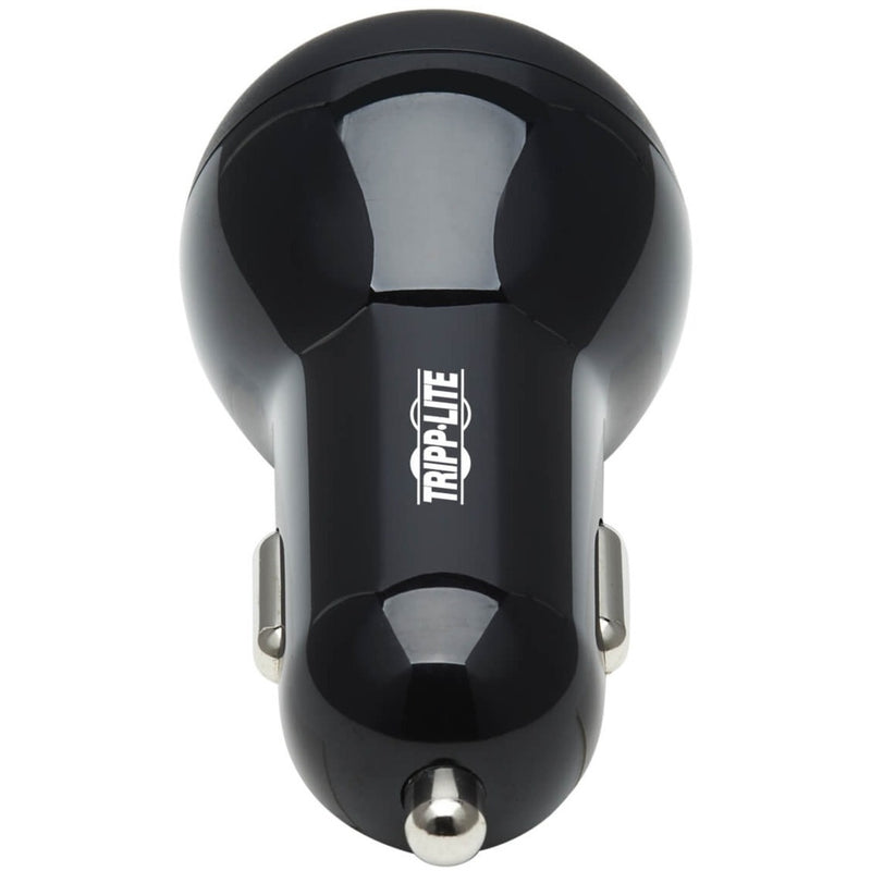 Rear view of Tripp Lite car charger showing glossy finish and metal accents