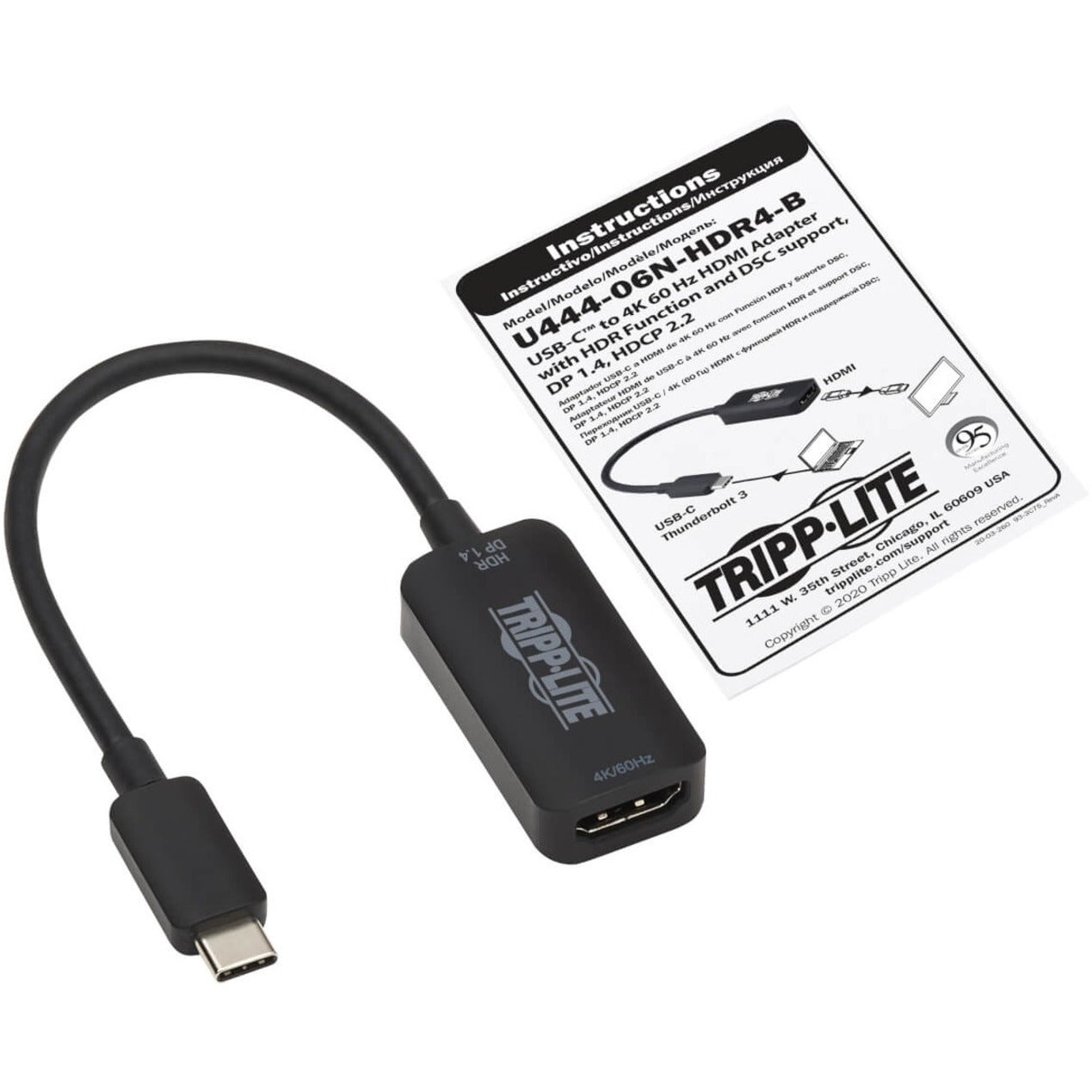 Tripp Lite U444-06N-HDR4-B Adaptador USB-C a HDMI 4K 60Hz HDR DP 1.4 Alt Mode HDCP 2.2 Marca: Tripp Lite Traducción de la marca: Tripp Lite