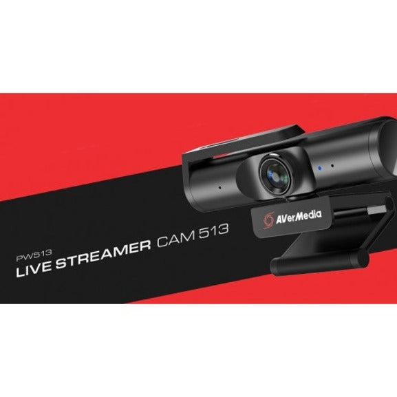 AVerMedia PW513 webcam promotional banner with red and black design elements