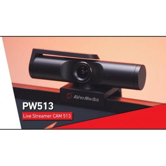 Product shot of AVerMedia PW513 webcam against gradient background