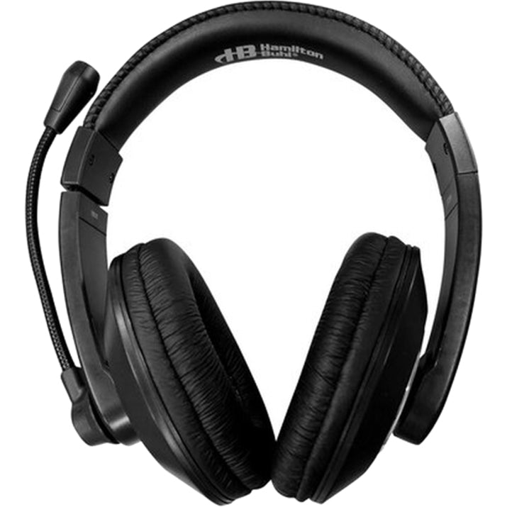 Front view of Hamilton Buhl Smart-Trek Deluxe Stereo Headset showing adjustable headband and noise-canceling microphone