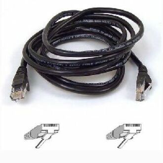 16-foot black Belkin Cat5e network patch cable with RJ45 connectors on both ends, coiled view with connector diagrams