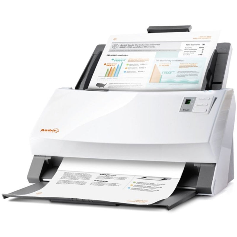 Ambir ImageScan Pro 340 scanner in white showing active document scanning with business charts and graphs