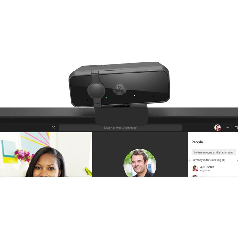 Lenovo Essential FHD Webcam mounted on monitor during video conference