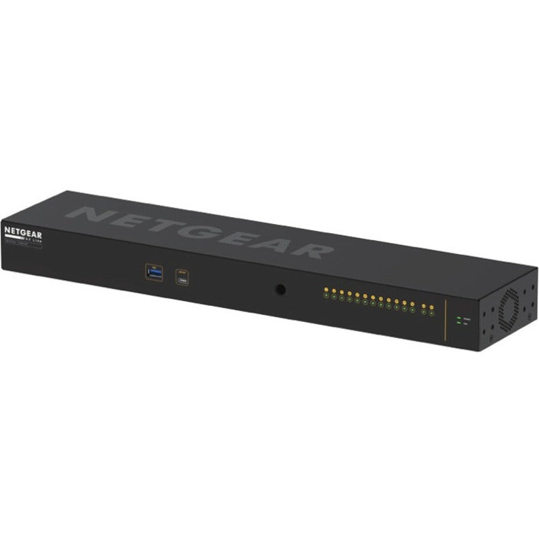 Front view of NETGEAR M4250-12M2XF managed switch showing sleek black panel design with status LED indicators