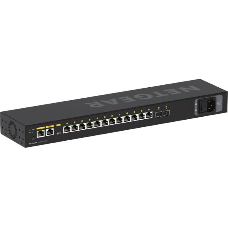 Rear view of NETGEAR M4250-12M2XF switch showing 12 2.5GbE ports, 2 SFP+ slots, and power input